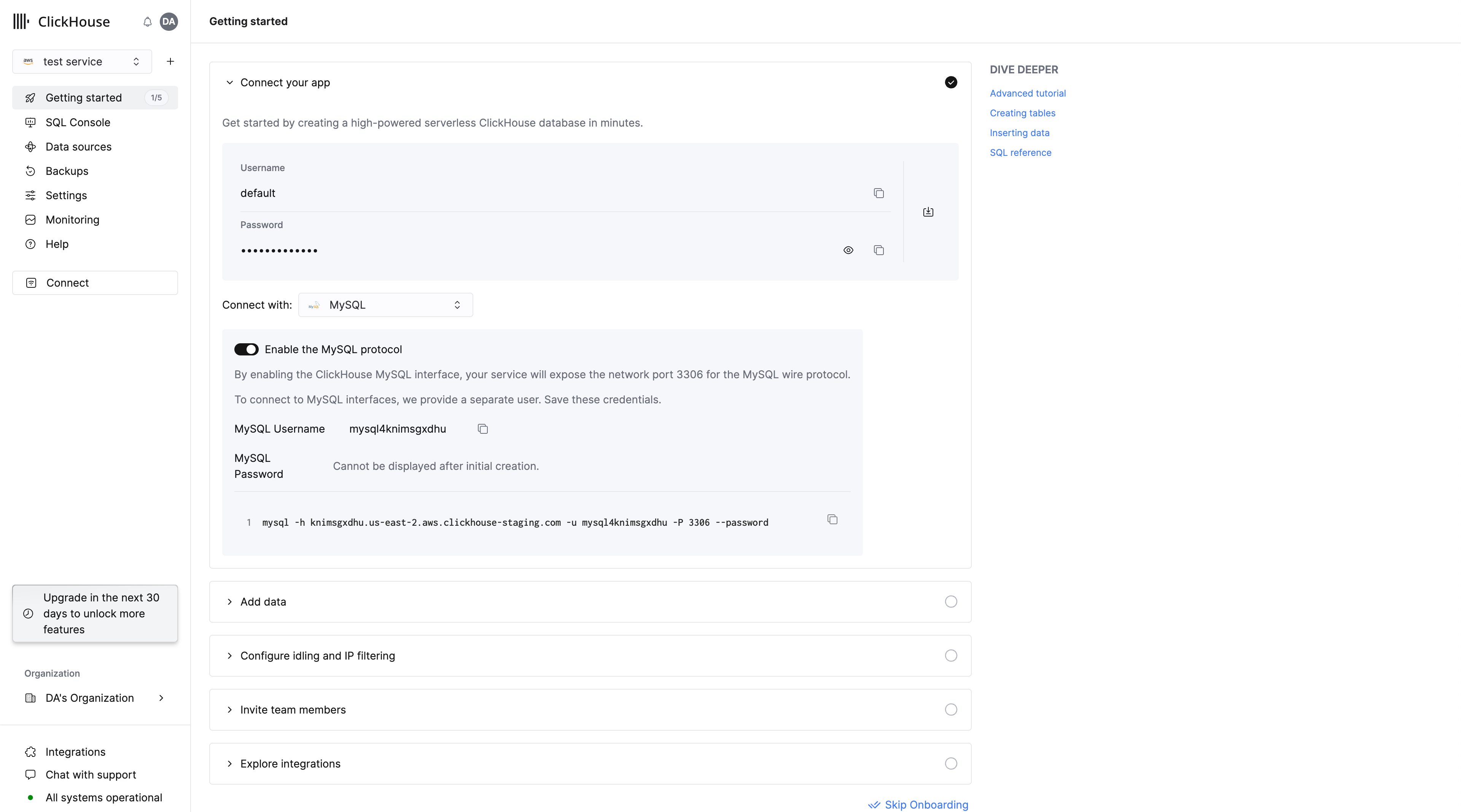 ClickHouse Cloud MySQL interface enabling toggle and connection details