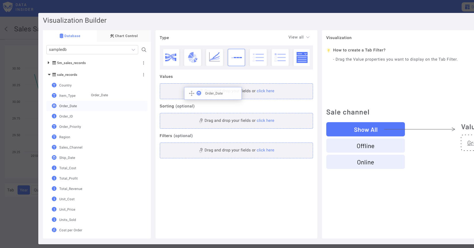 Интерфейс выбора поля даты в Rocket BI с доступными �колонками дат