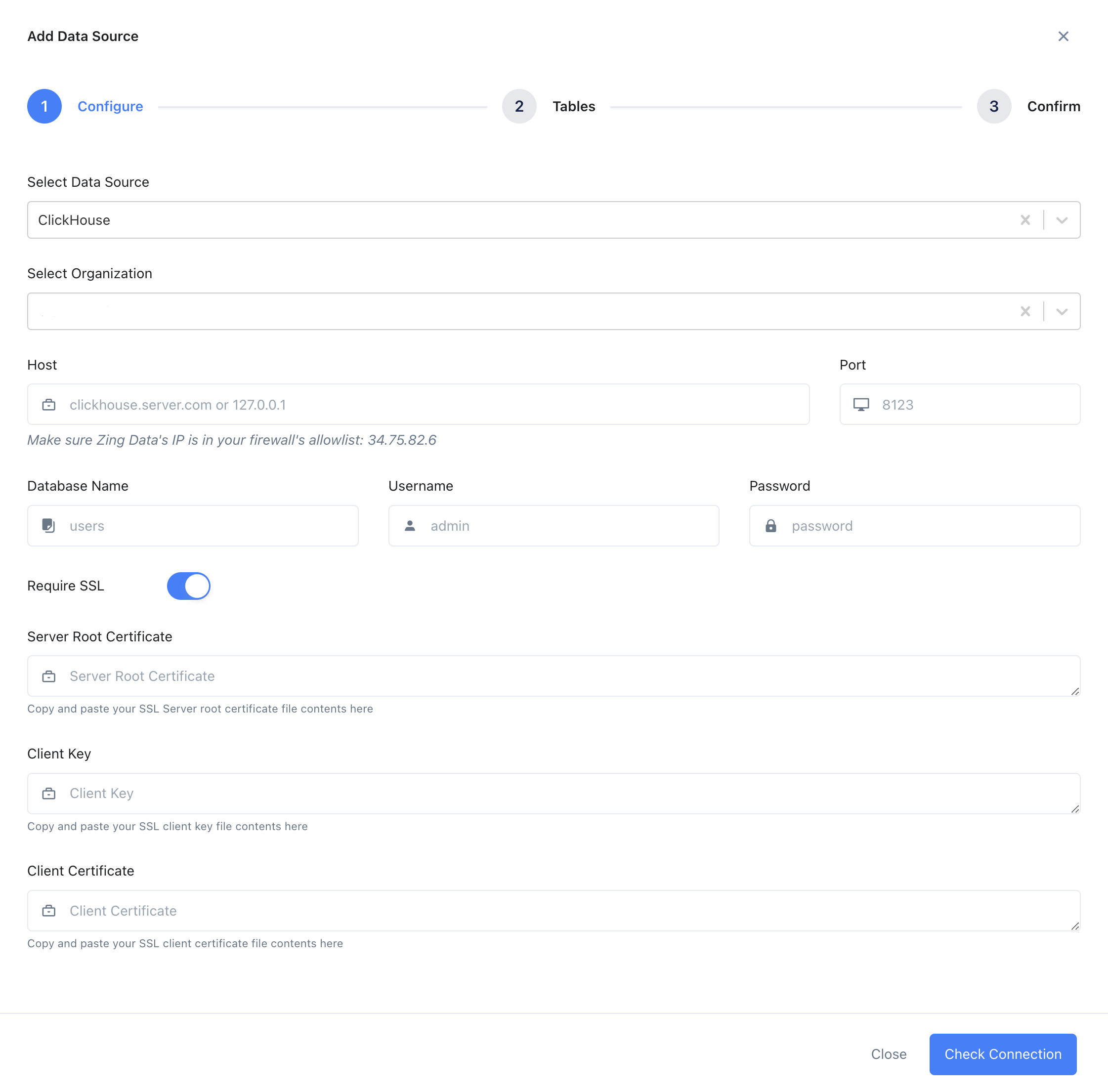 Форма настройки подключе�ния к ClickHouse в Zing Data с полями для сервера, порта, базы данных, имени пользователя и пароля
